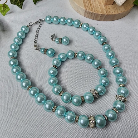 Aqua Blue Glass Pearl and Rhinestone Necklace Earrings and Bracelet Set - Picture 2 of 15